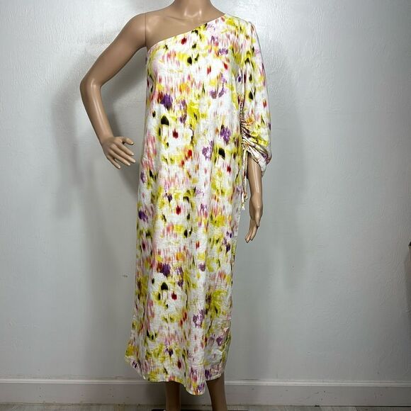 Future Collective Linen Blend Watercolor One Shoulder Midi Dress Size M - Picture 2 of 7